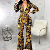 Combinaison à manches longues et col en V avec lacets et imprimé